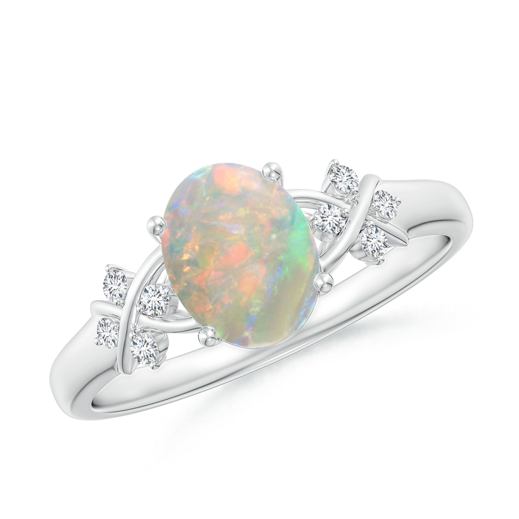 8x6mm AAAA Solitaire Oval Opal Criss Cross Ring with Diamonds in White Gold