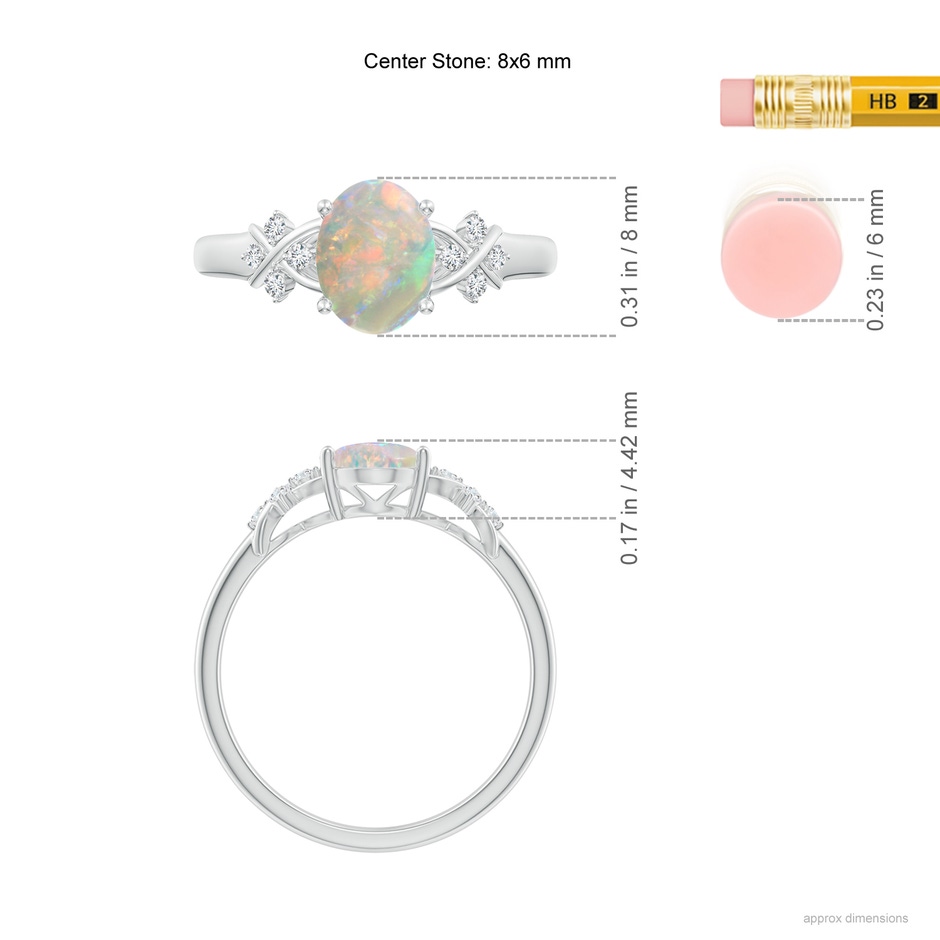 8x6mm AAAA Solitaire Oval Opal Criss Cross Ring with Diamonds in White Gold ruler