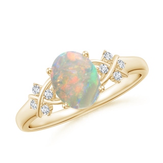 8x6mm AAAA Solitaire Oval Opal Criss Cross Ring with Diamonds in Yellow Gold