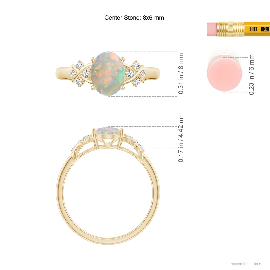 8x6mm AAAA Solitaire Oval Opal Criss Cross Ring with Diamonds in Yellow Gold ruler