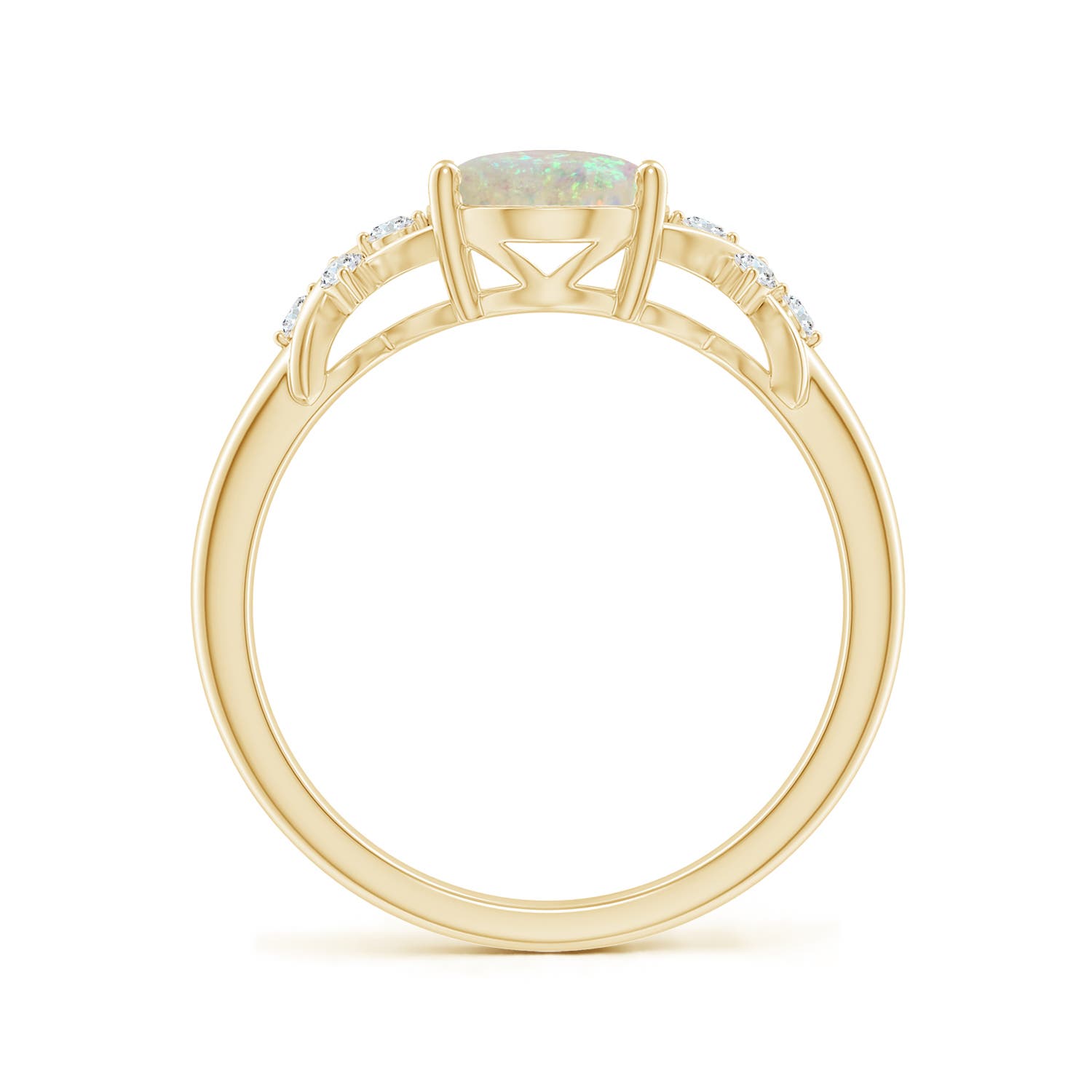 9x7mm AAA Solitaire Oval Opal Criss Cross Ring with Diamonds in 18K Yellow Gold