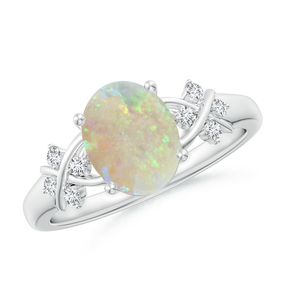 9x7mm AAA Solitaire Oval Opal Criss Cross Ring with Diamonds in White Gold 