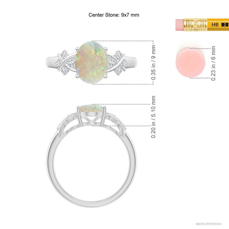 9x7mm AAA Solitaire Oval Opal Criss Cross Ring with Diamonds in White Gold ruler