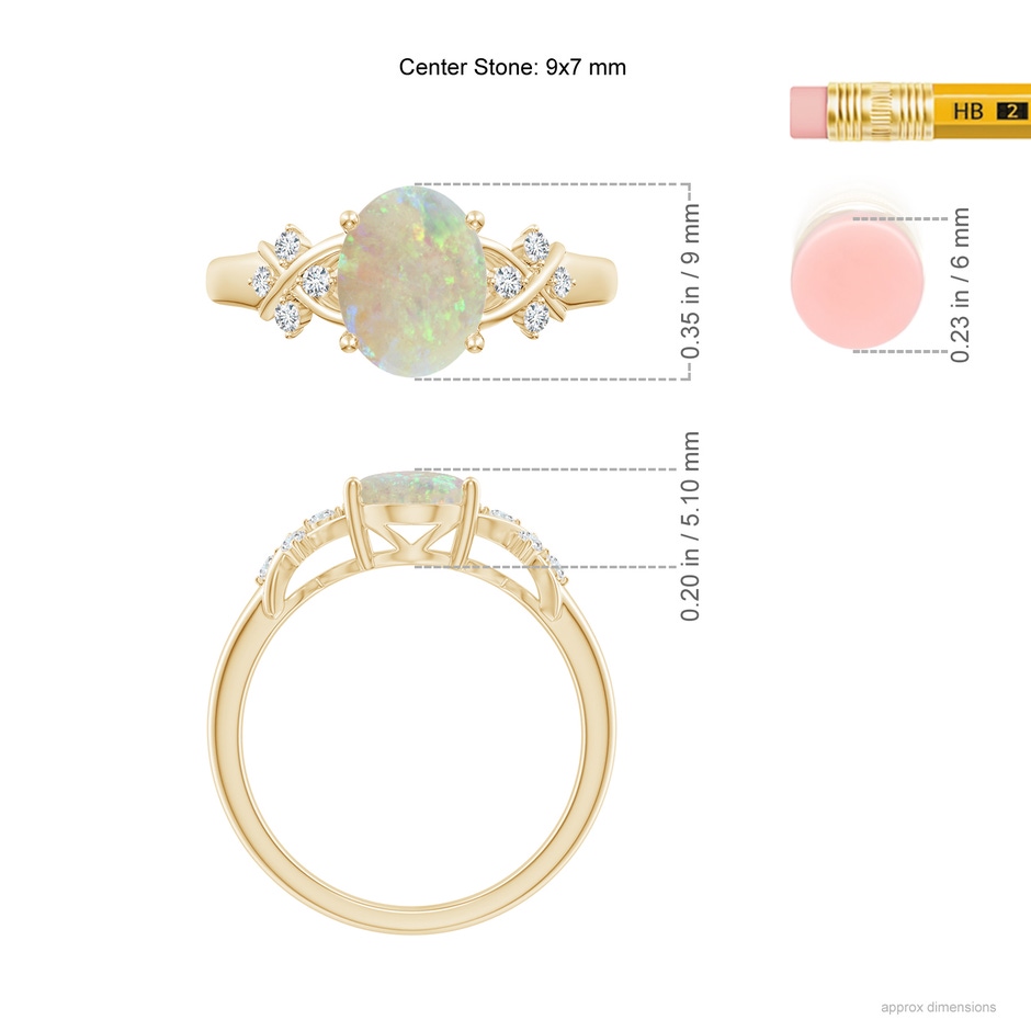 9x7mm AAA Solitaire Oval Opal Criss Cross Ring with Diamonds in Yellow Gold ruler