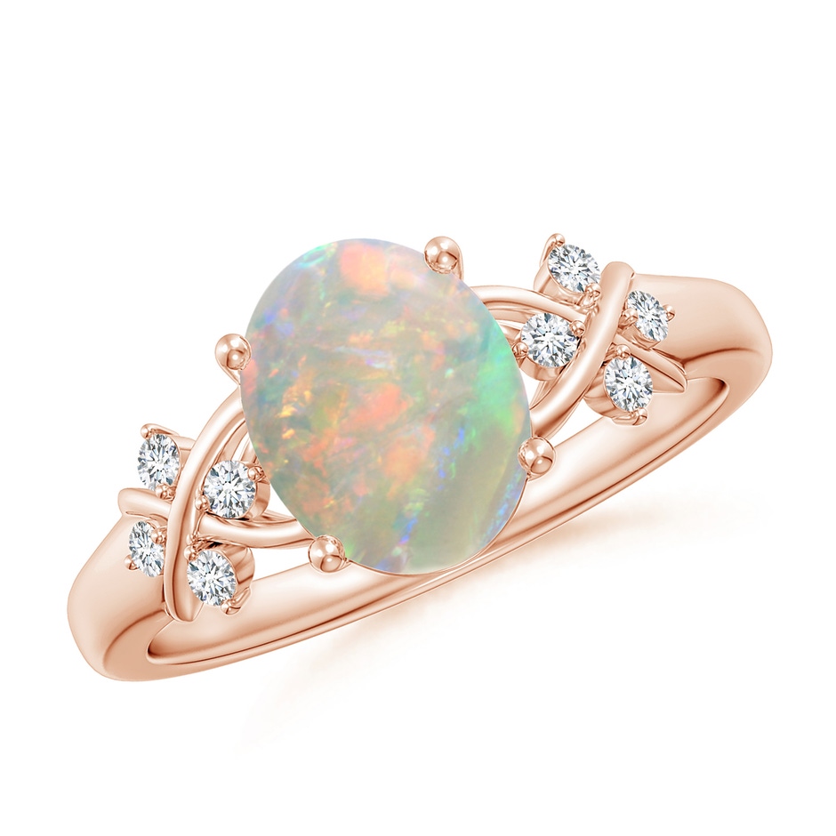 9x7mm AAAA Solitaire Oval Opal Criss Cross Ring with Diamonds in 18K Rose Gold 