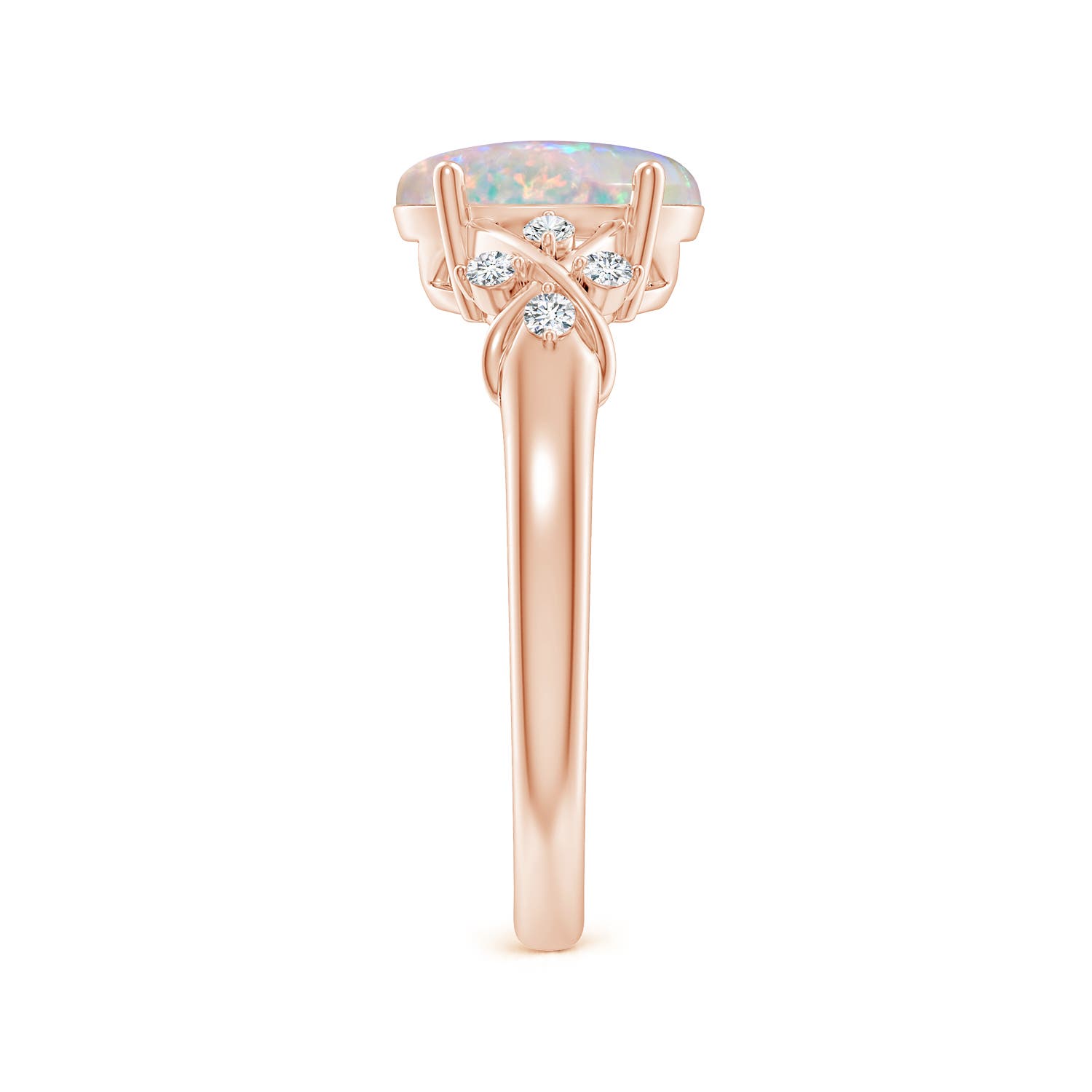 9x7mm AAAA Solitaire Oval Opal Criss Cross Ring with Diamonds in 18CT Rose Gold - side 7