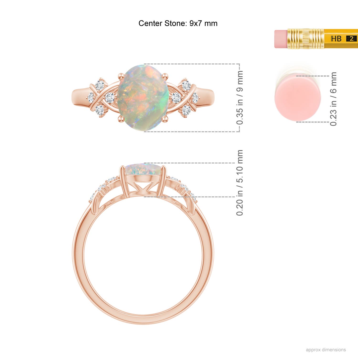 9x7mm AAAA Solitaire Oval Opal Criss Cross Ring with Diamonds in 18CT Rose Gold - ruler