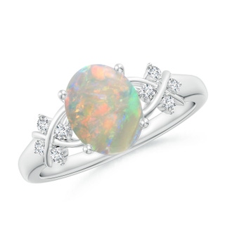 9x7mm AAAA Solitaire Oval Opal Criss Cross Ring with Diamonds in P950 Platinum