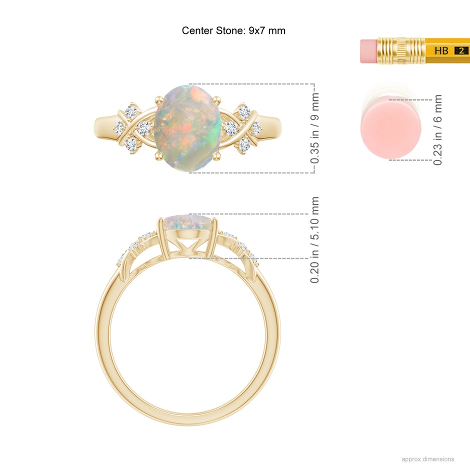 9x7mm AAAA Solitaire Oval Opal Criss Cross Ring with Diamonds in Yellow Gold ruler