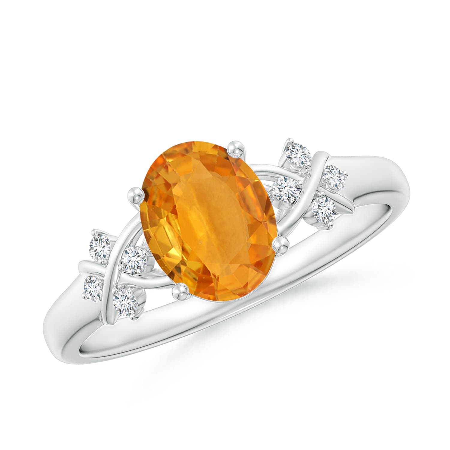 8x6mm A Solitaire Oval Orange Sapphire Criss Cross Ring with Diamonds in P950 Platinum