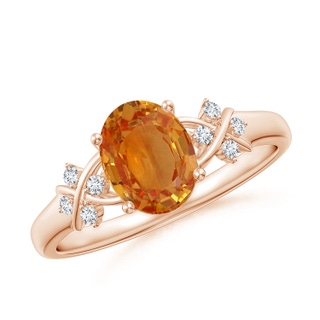 8x6mm AA Solitaire Oval Orange Sapphire Criss Cross Ring with Diamonds in 9K Rose Gold