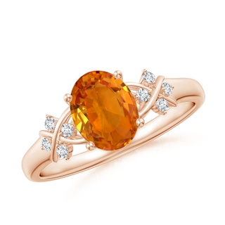 8x6mm AAA Solitaire Oval Orange Sapphire Criss Cross Ring with Diamonds in 10K Rose Gold