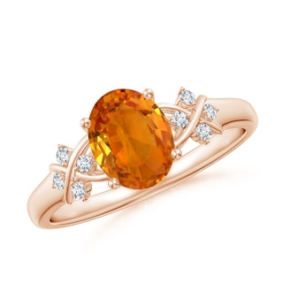 8x6mm AAA Solitaire Oval Orange Sapphire Criss Cross Ring with Diamonds in 9K Rose Gold