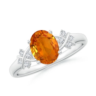 8x6mm AAA Solitaire Oval Orange Sapphire Criss Cross Ring with Diamonds in White Gold