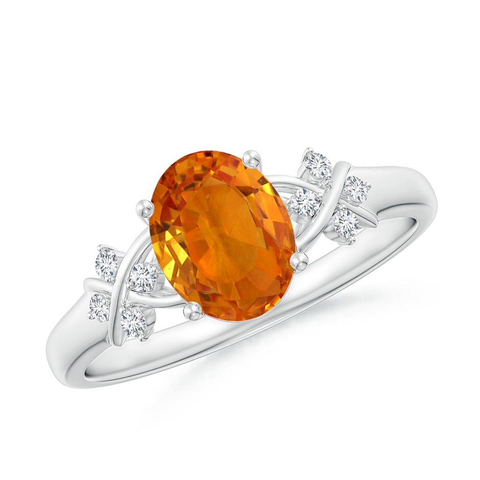 8x6mm AAA Solitaire Oval Orange Sapphire Criss Cross Ring with Diamonds in White Gold 