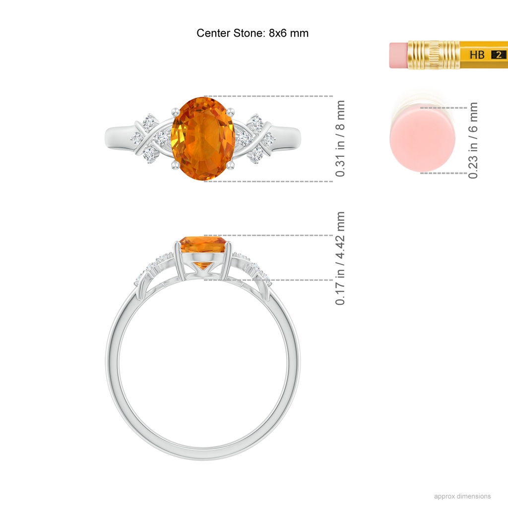 8x6mm AAA Solitaire Oval Orange Sapphire Criss Cross Ring with Diamonds in White Gold Ruler