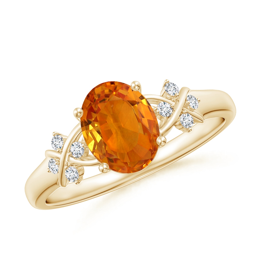 8x6mm AAA Solitaire Oval Orange Sapphire Criss Cross Ring with Diamonds in Yellow Gold