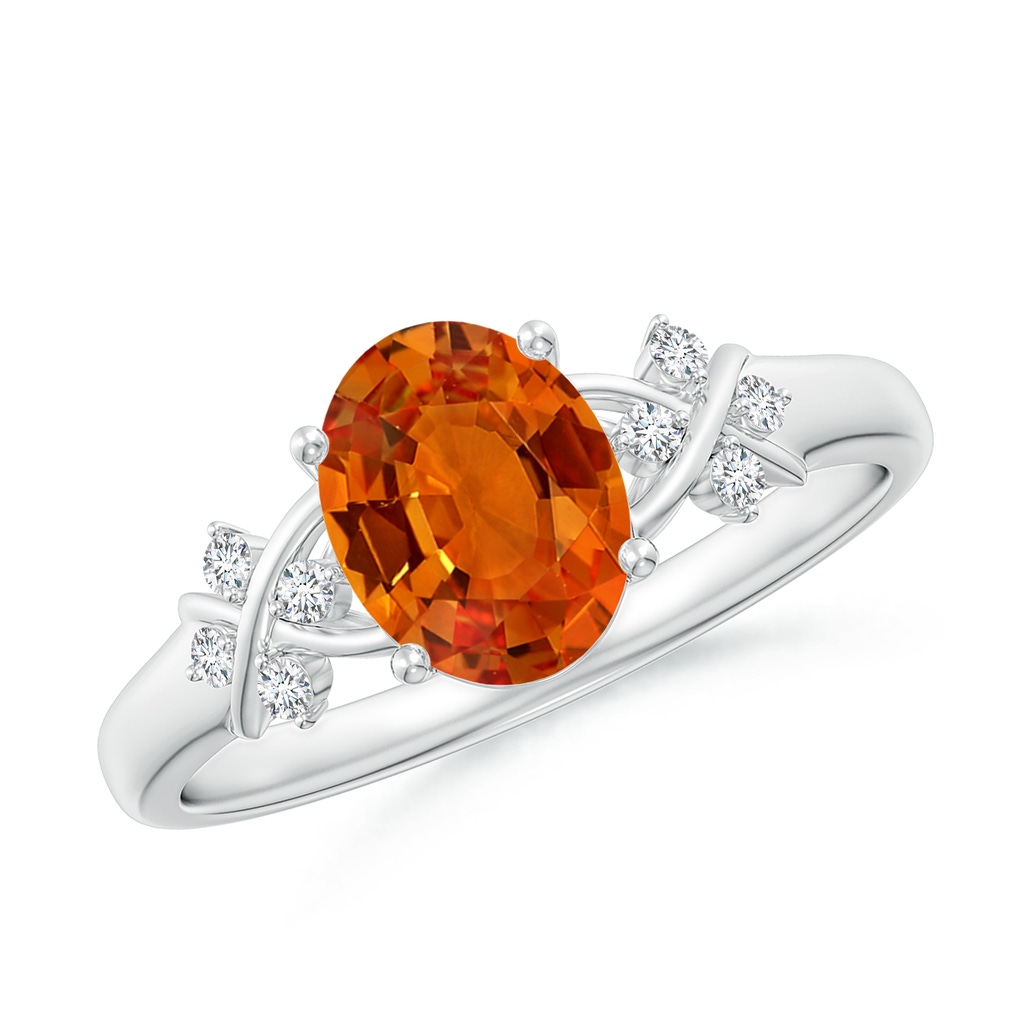 8x6mm AAAA Solitaire Oval Orange Sapphire Criss Cross Ring with Diamonds in P950 Platinum