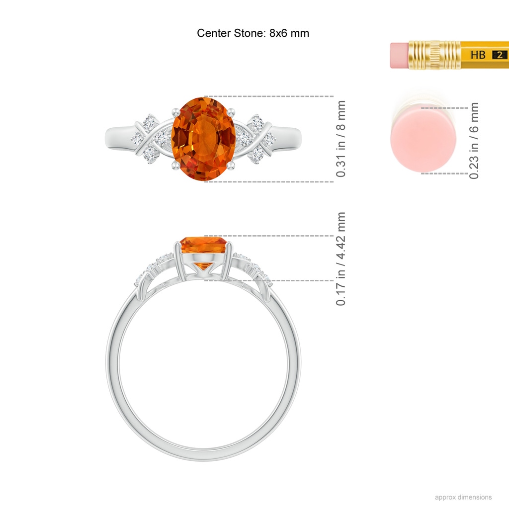 8x6mm AAAA Solitaire Oval Orange Sapphire Criss Cross Ring with Diamonds in P950 Platinum Ruler