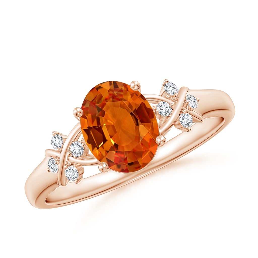 8x6mm AAAA Solitaire Oval Orange Sapphire Criss Cross Ring with Diamonds in Rose Gold