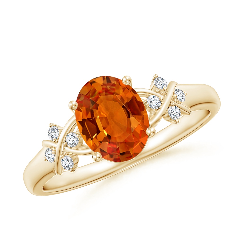 8x6mm AAAA Solitaire Oval Orange Sapphire Criss Cross Ring with Diamonds in Yellow Gold