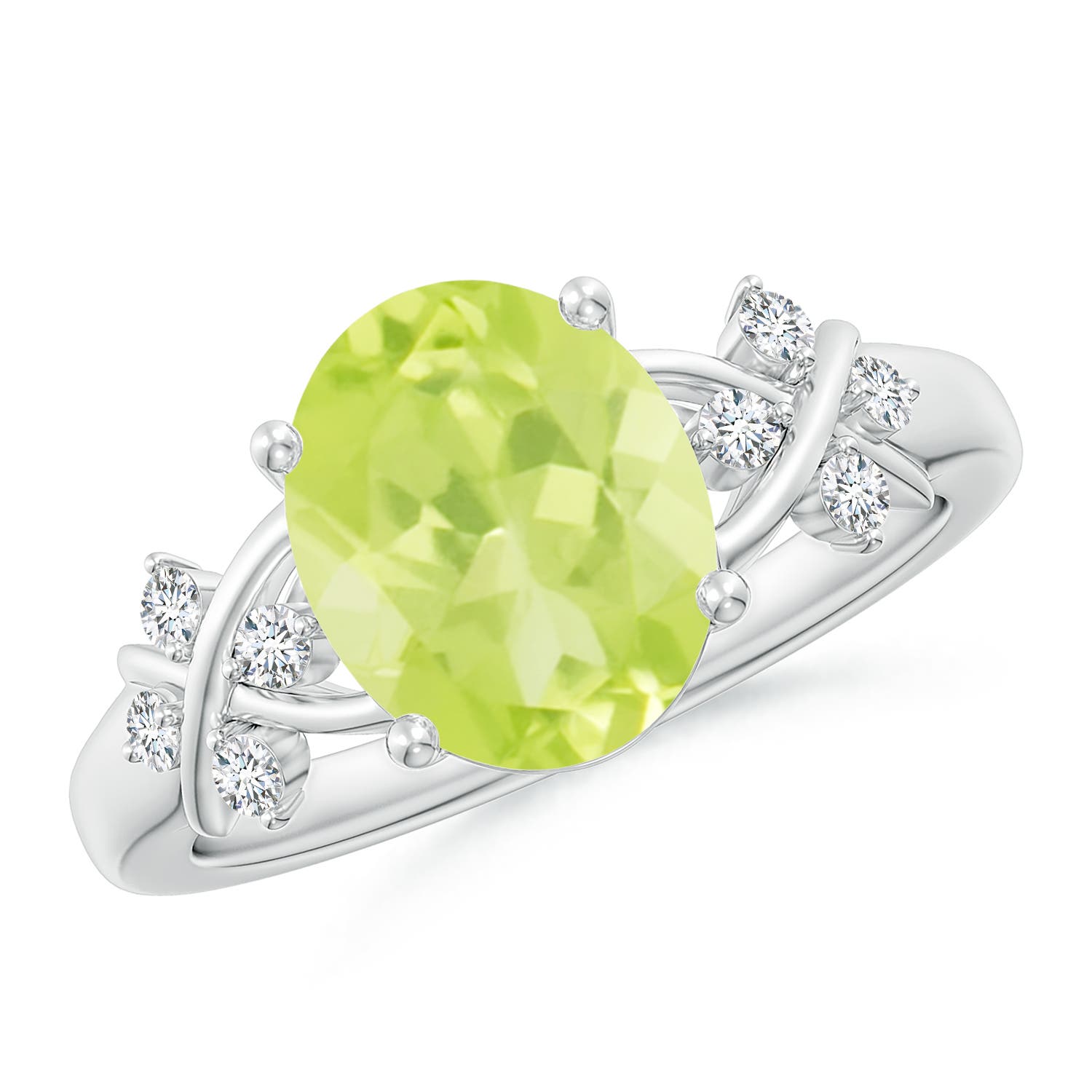 10x8mm A Solitaire Oval Peridot Criss Cross Ring with Diamonds in P950 Platinum