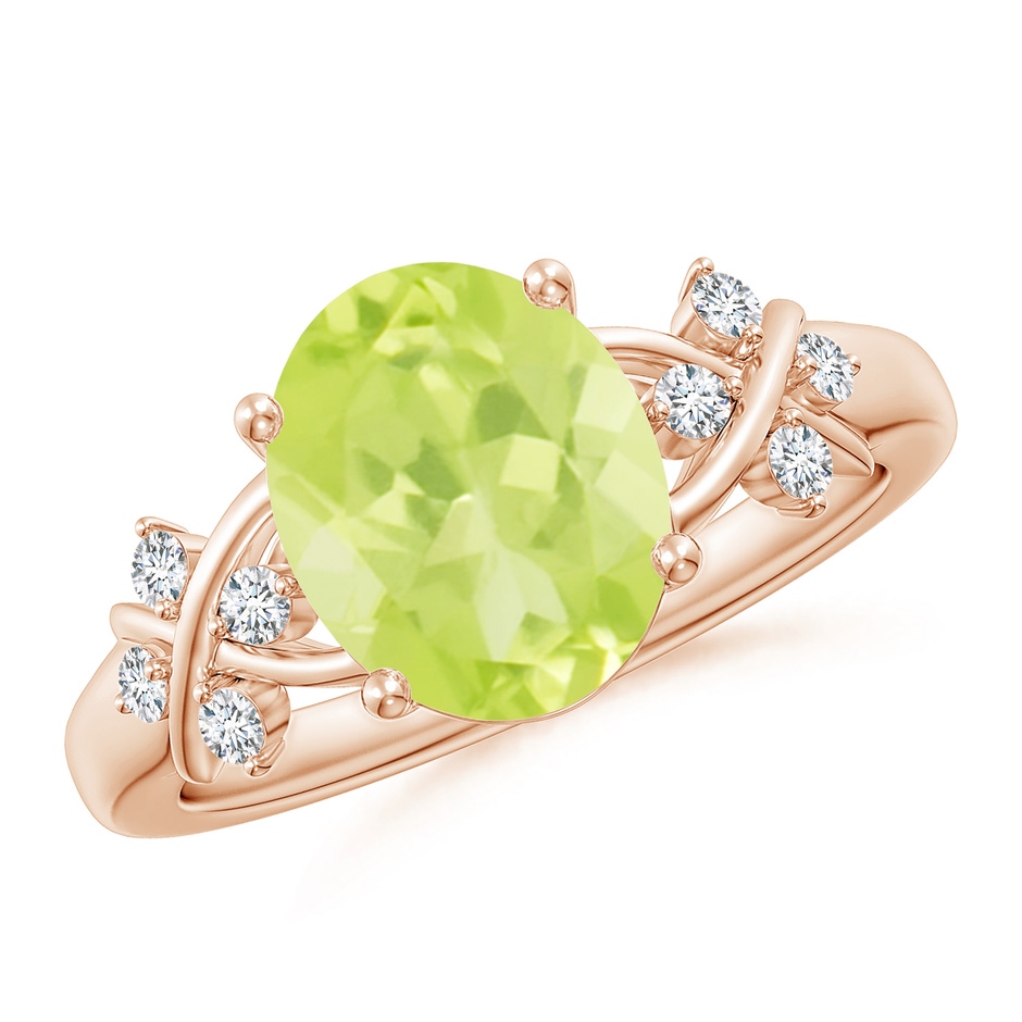 10x8mm A Solitaire Oval Peridot Criss Cross Ring with Diamonds in Rose Gold 