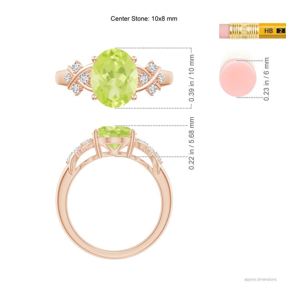 10x8mm A Solitaire Oval Peridot Criss Cross Ring with Diamonds in Rose Gold ruler