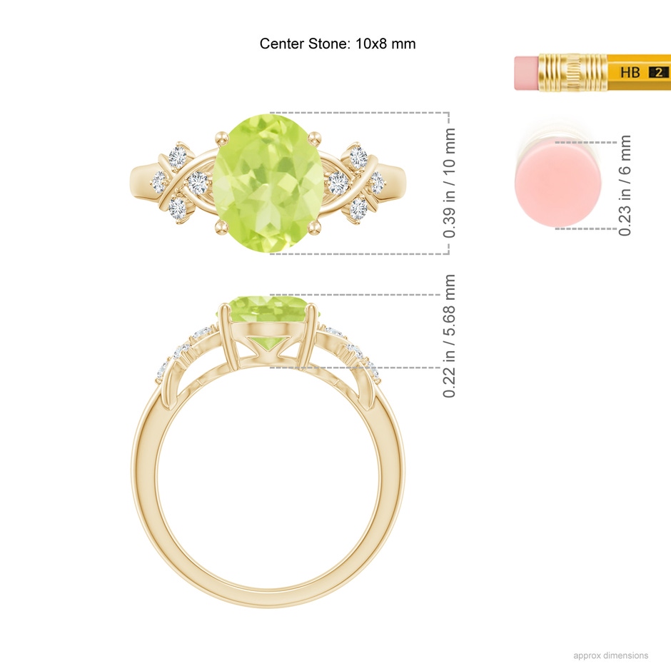 10x8mm A Solitaire Oval Peridot Criss Cross Ring with Diamonds in Yellow Gold ruler