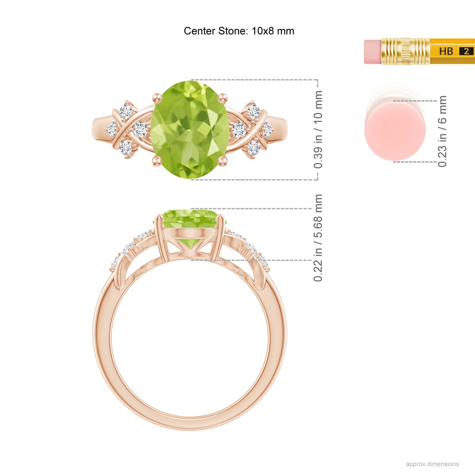 10x8mm AA Solitaire Oval Peridot Criss Cross Ring with Diamonds in Rose Gold ruler