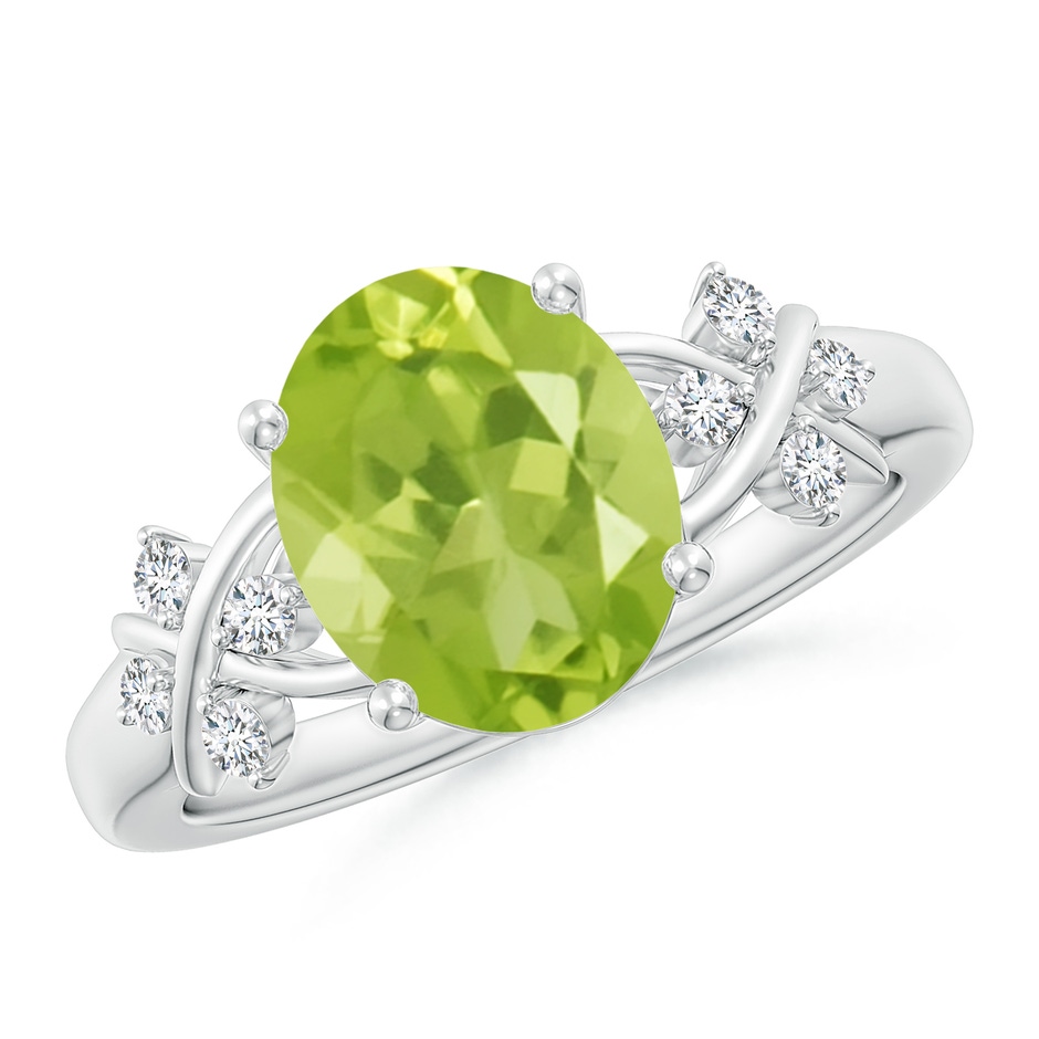 10x8mm AA Solitaire Oval Peridot Criss Cross Ring with Diamonds in White Gold 