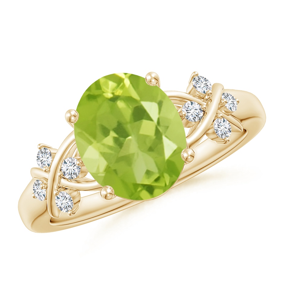 10x8mm AA Solitaire Oval Peridot Criss Cross Ring with Diamonds in Yellow Gold 