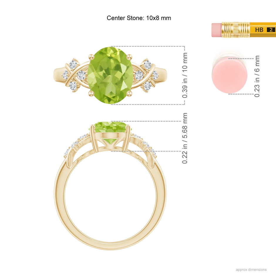 10x8mm AA Solitaire Oval Peridot Criss Cross Ring with Diamonds in Yellow Gold ruler