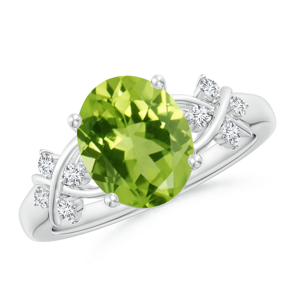 10x8mm AAA Solitaire Oval Peridot Criss Cross Ring with Diamonds in P950 Platinum 