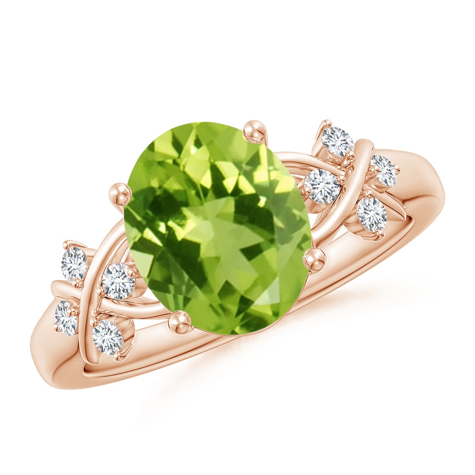 10x8mm AAA Solitaire Oval Peridot Criss Cross Ring with Diamonds in Rose Gold 