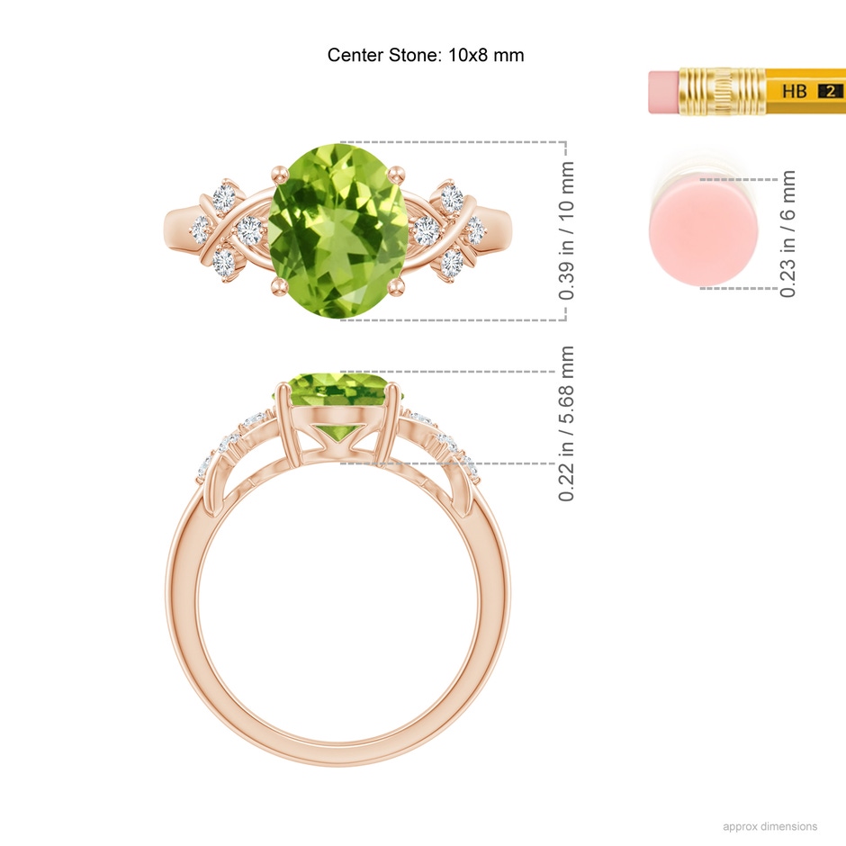 10x8mm AAA Solitaire Oval Peridot Criss Cross Ring with Diamonds in Rose Gold ruler