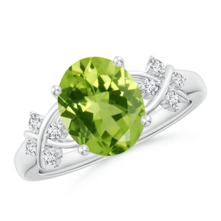 10x8mm AAA Solitaire Oval Peridot Criss Cross Ring with Diamonds in White Gold