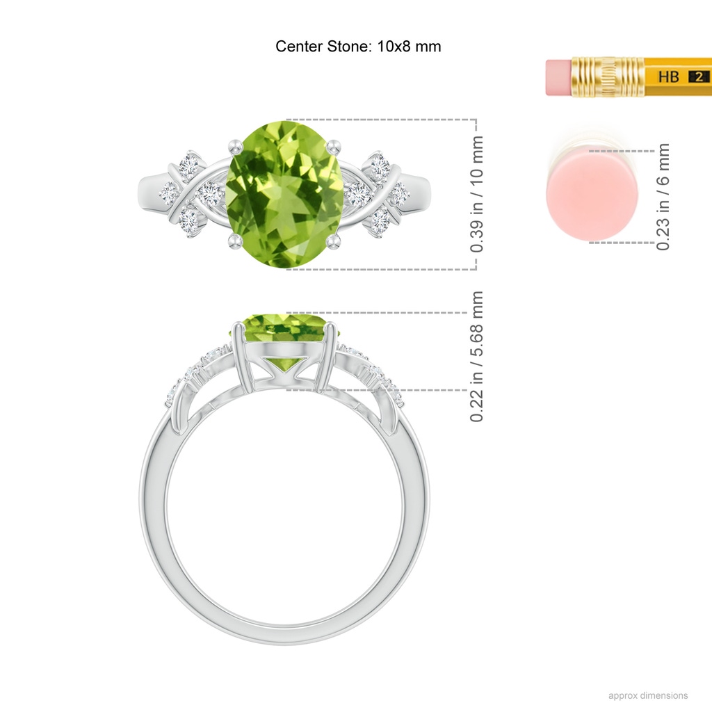 10x8mm AAA Solitaire Oval Peridot Criss Cross Ring with Diamonds in White Gold ruler
