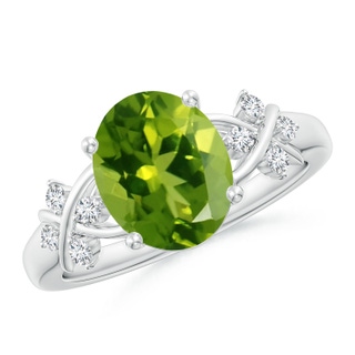 10x8mm AAAA Solitaire Oval Peridot Criss Cross Ring with Diamonds in P950 Platinum