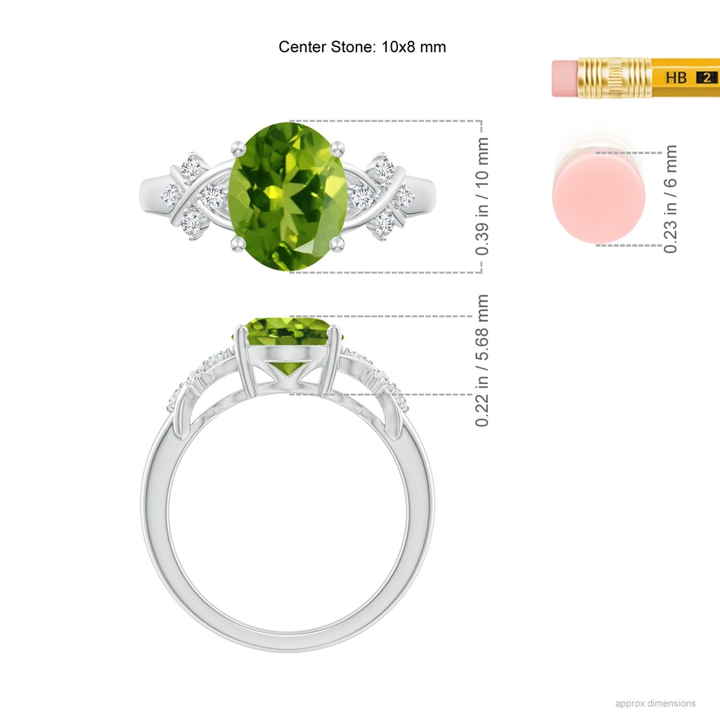 10x8mm AAAA Solitaire Oval Peridot Criss Cross Ring with Diamonds in P950 Platinum ruler