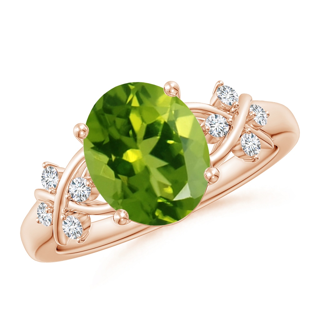 10x8mm AAAA Solitaire Oval Peridot Criss Cross Ring with Diamonds in Rose Gold