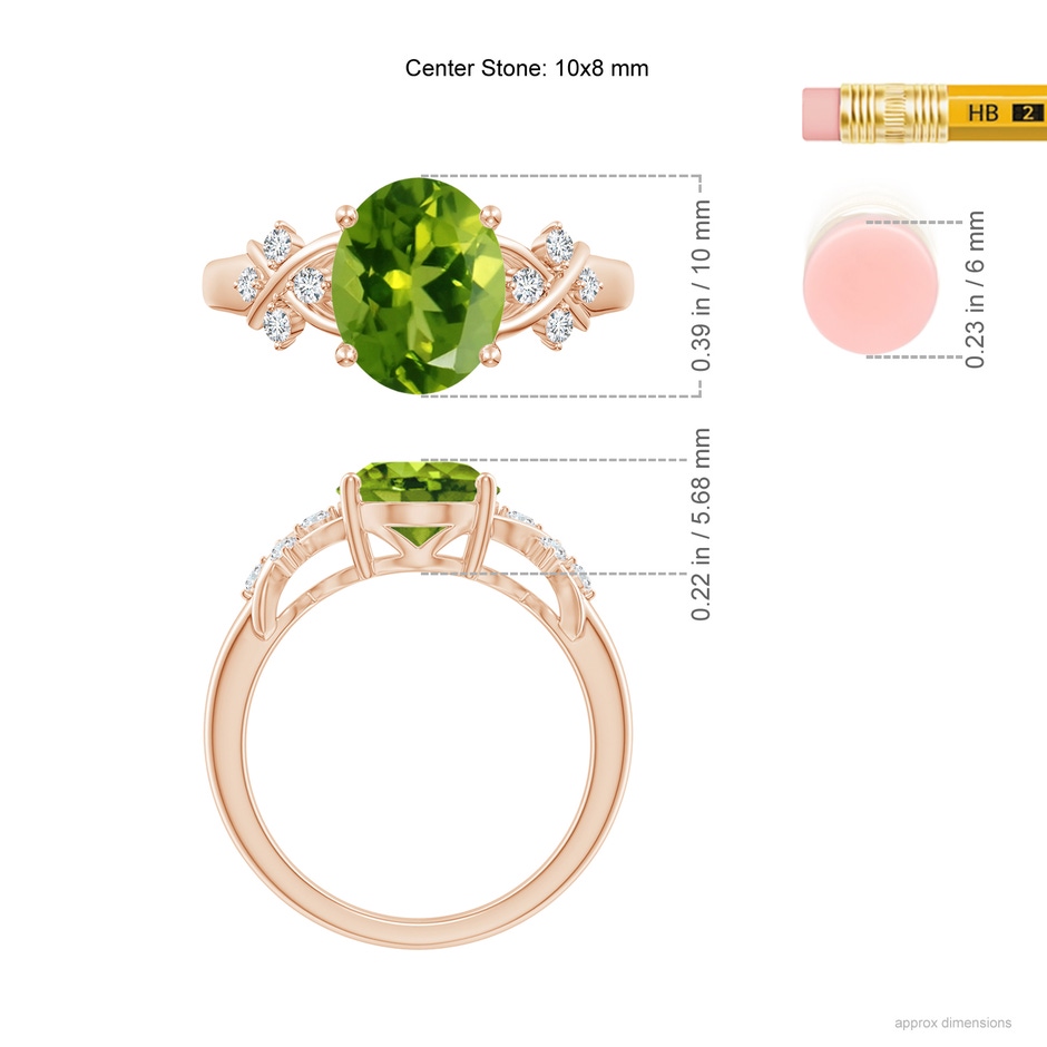 10x8mm AAAA Solitaire Oval Peridot Criss Cross Ring with Diamonds in Rose Gold ruler