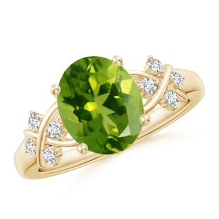 10x8mm AAAA Solitaire Oval Peridot Criss Cross Ring with Diamonds in Yellow Gold