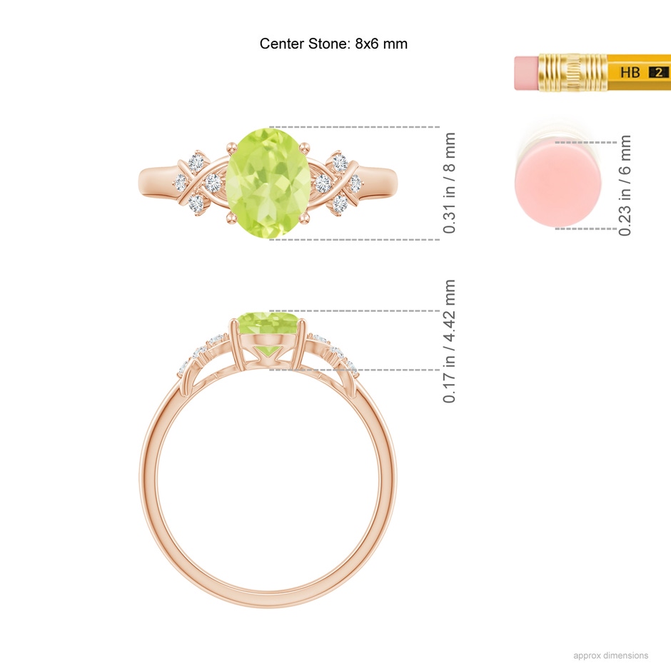 8x6mm A Solitaire Oval Peridot Criss Cross Ring with Diamonds in Rose Gold ruler