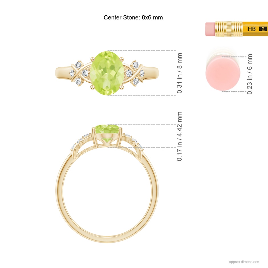 8x6mm A Solitaire Oval Peridot Criss Cross Ring with Diamonds in Yellow Gold ruler