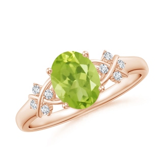 8x6mm AA Solitaire Oval Peridot Criss Cross Ring with Diamonds in Rose Gold