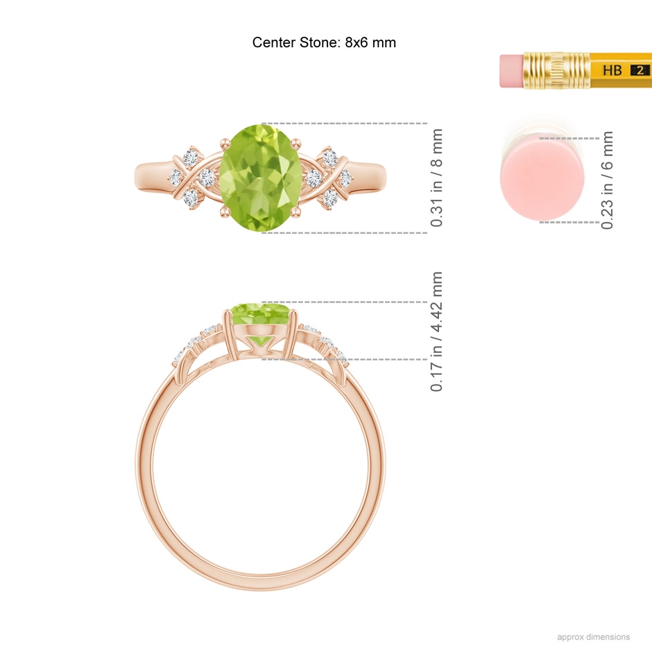 8x6mm AA Solitaire Oval Peridot Criss Cross Ring with Diamonds in Rose Gold ruler