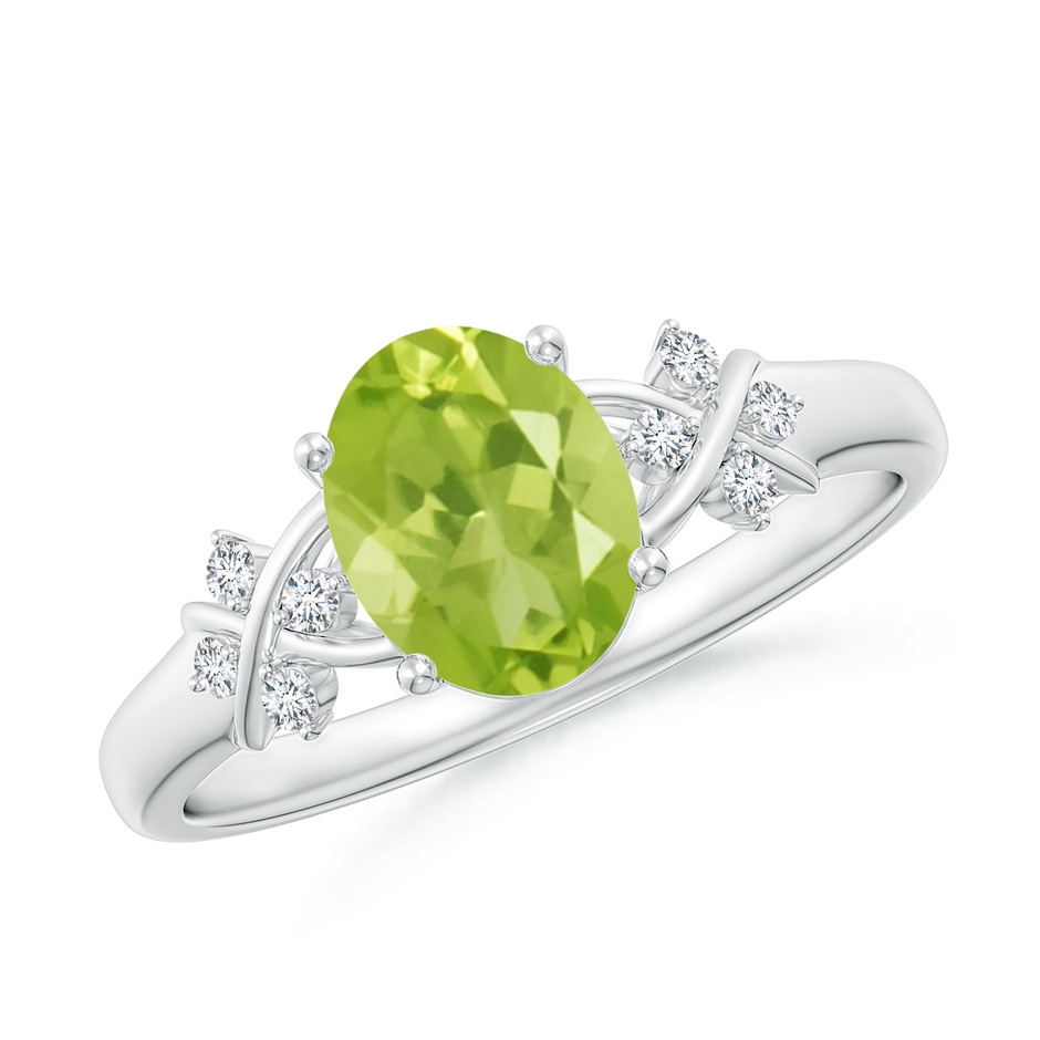 8x6mm AA Solitaire Oval Peridot Criss Cross Ring with Diamonds in White Gold 