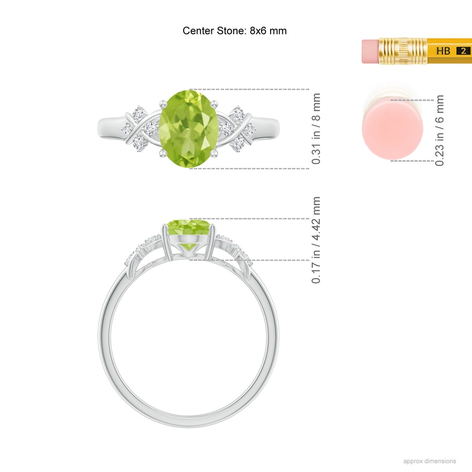8x6mm AA Solitaire Oval Peridot Criss Cross Ring with Diamonds in White Gold ruler