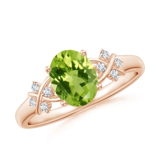8x6mm AAA Solitaire Oval Peridot Criss Cross Ring with Diamonds in Rose Gold